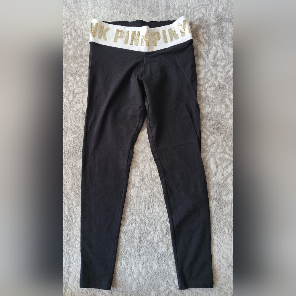Victoria's Secret Pink Yoga Pants, Leggings Black w/Gold Sequin Pink Print, Med